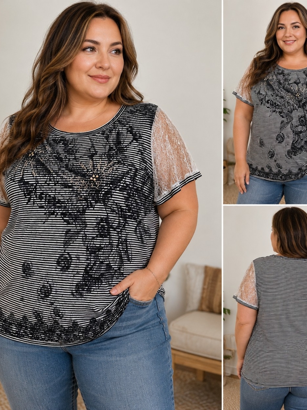 Christopher & Banks Large Top Rhinestone Floral Striped Boho Whimsigoth Indie 90